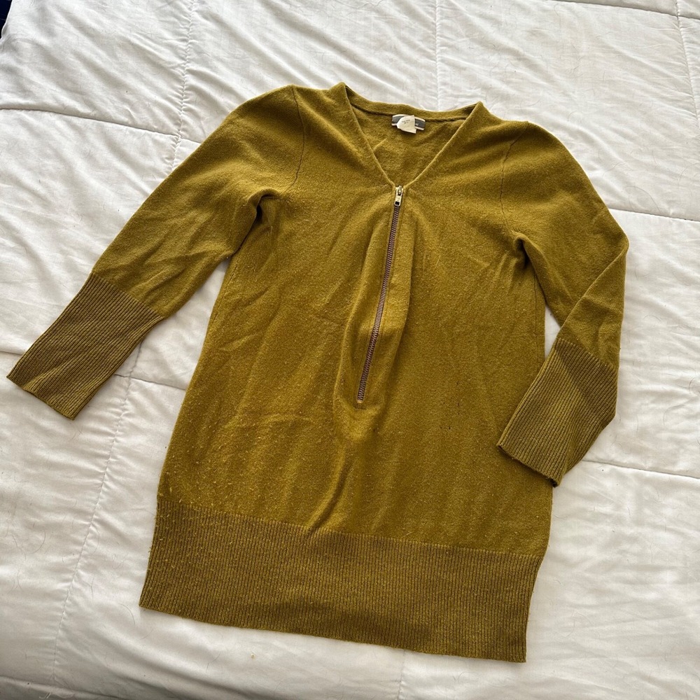 J.Crew XS 100% Cashmere V-Neck Partial Zip Sweater Mustard Olive Green Italian